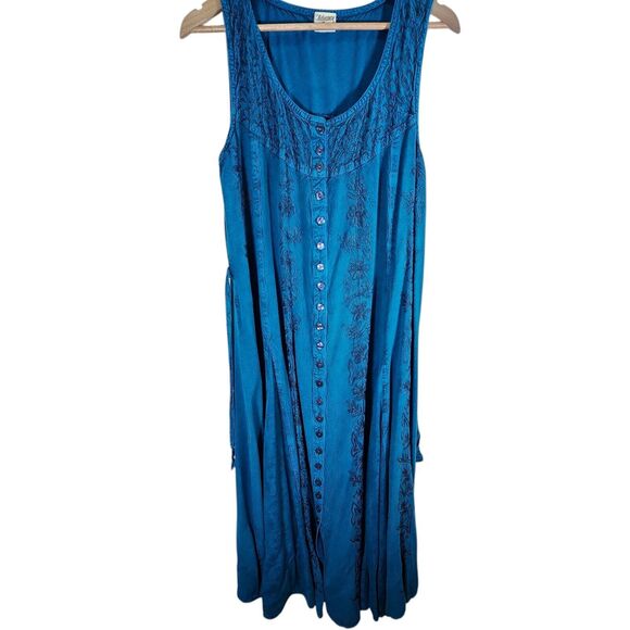Advance Apparels Embroidered Button Boho Bohemian Blue/Aqua Dress, Size 1X/2X - Picture 1 of 5